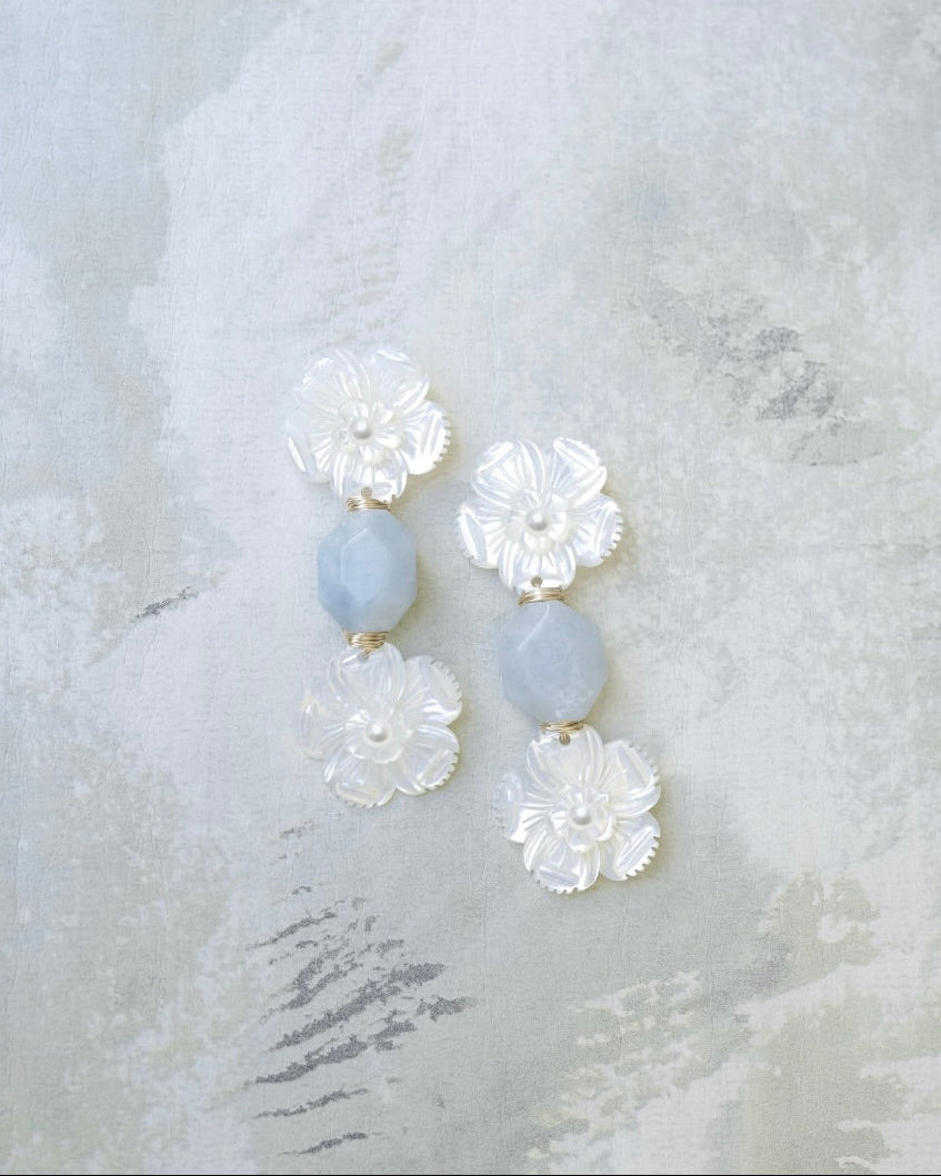 mother of pearl and aquamarine floral earrings on a green wallpaper background