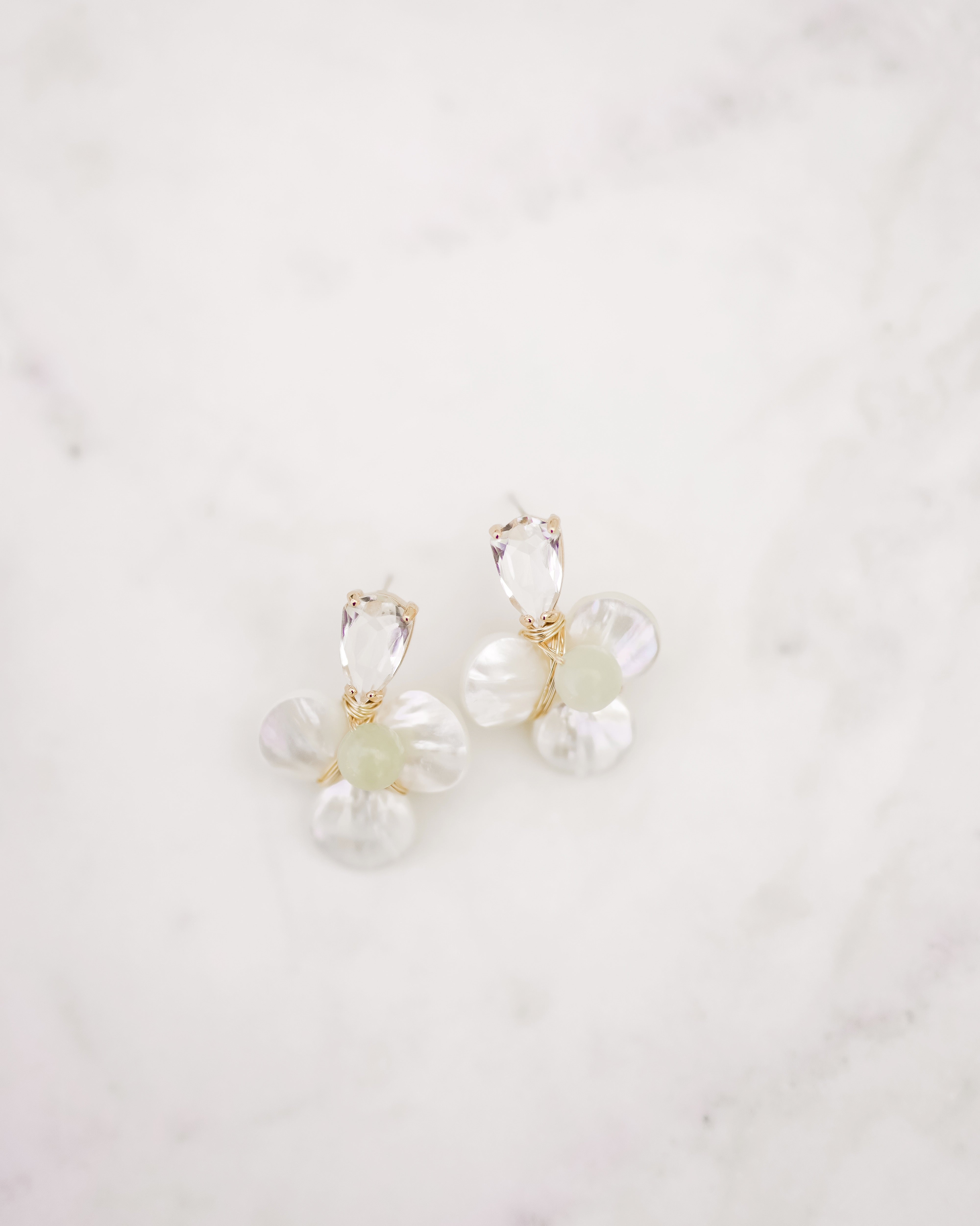 SJ Bailey Co. Madeleine in Sage earrings with crystal, mother-of-pearl petals and gold accents