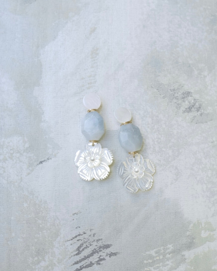 mother of pearl and aquamarine floral earrings on a green wallpaper background 