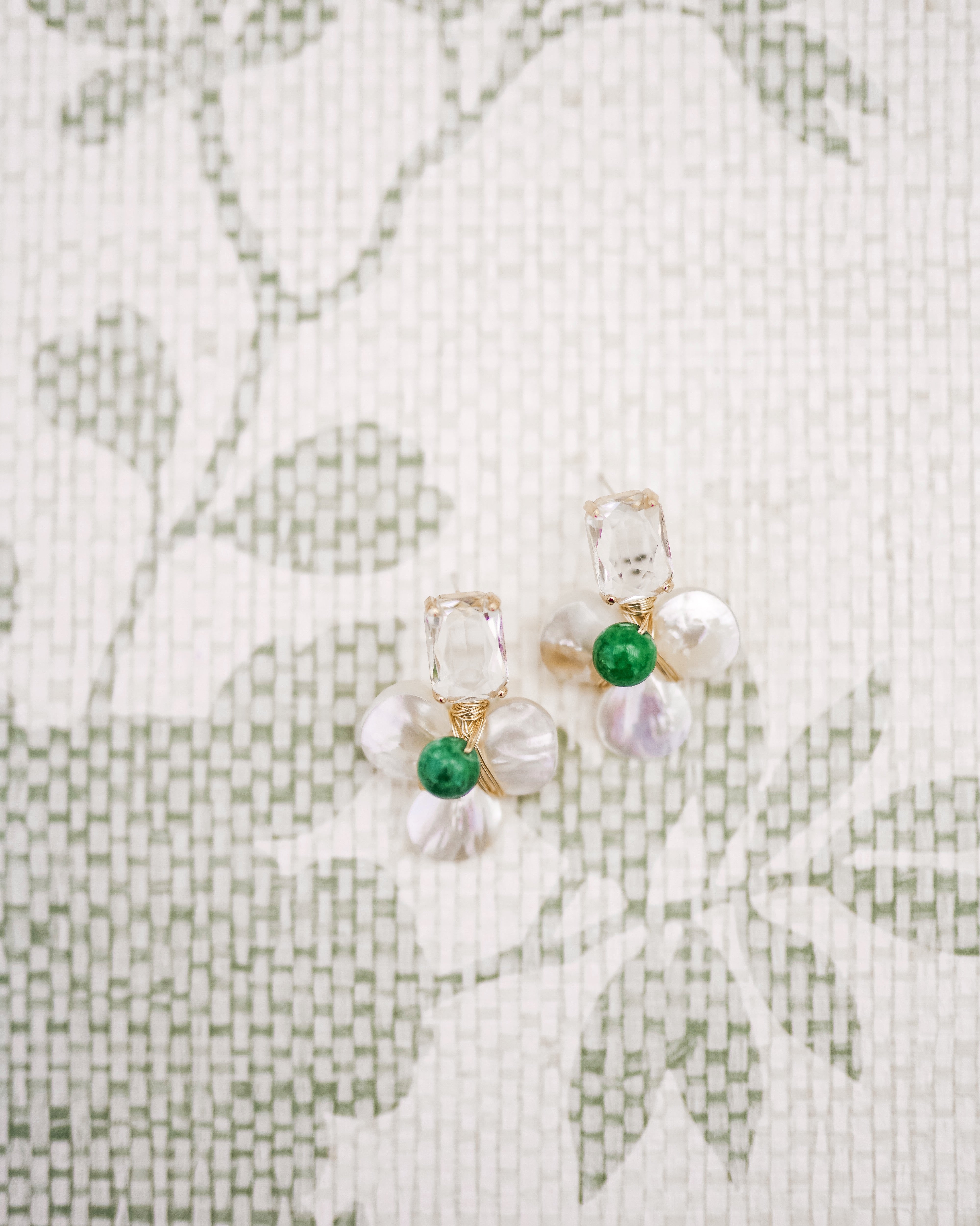 SJ Bailey Co. Madeleine in Emerald earrings with mother-of-pearl petals and gold accents