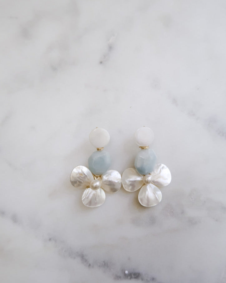 mother of pearl, aquamarine, and mother of pearl shell earrings