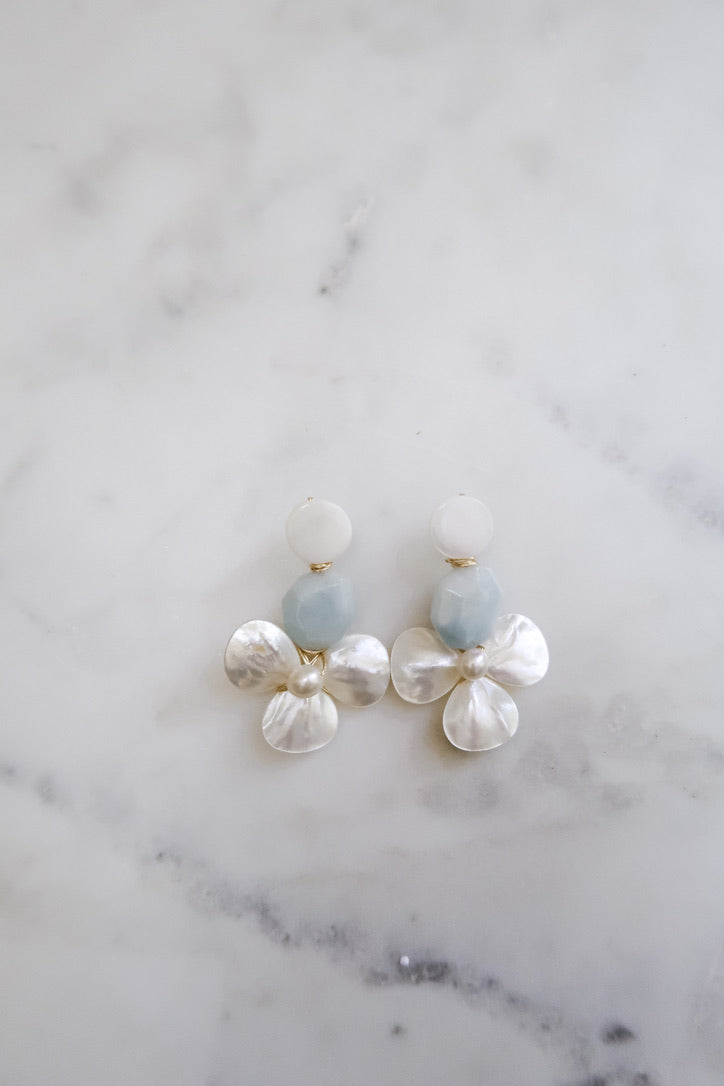 mother of pearl, aquamarine, and mother of pearl shell earrings